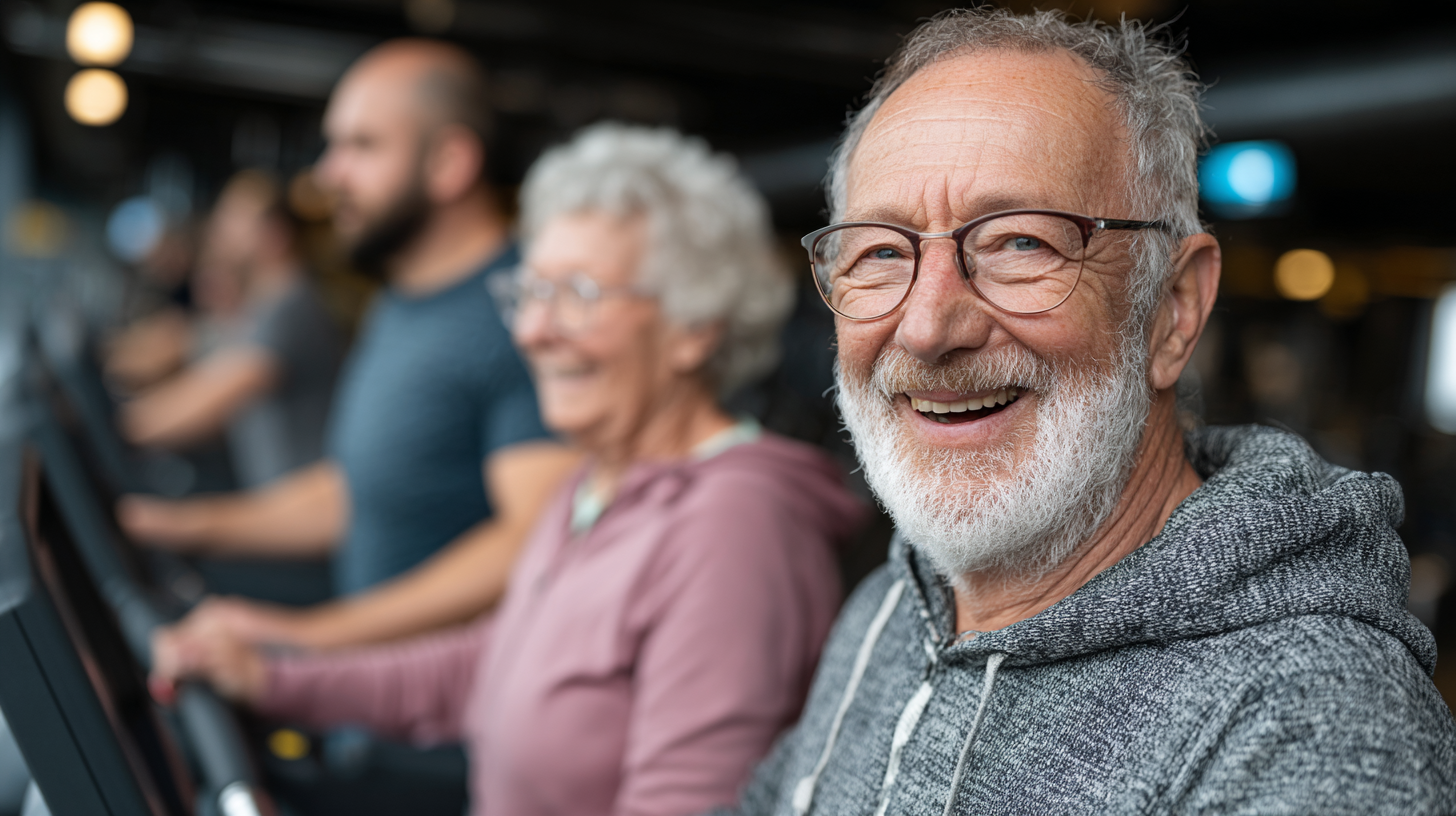 Persoane în vârstă făcând exerciții cu tehnologie modernă